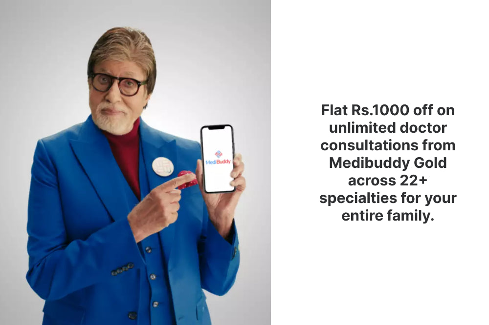 Flat Rs.1000 off on unlimited doctor consultations from Medibuddy Gold across 22+ specialties for your entire family.