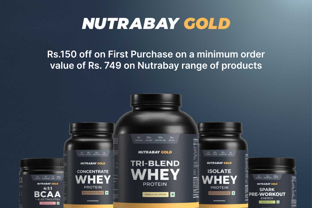 Rs.150 off on the First Purchase on a minimum order value of Rs. 749 on the Nutrabay range of products